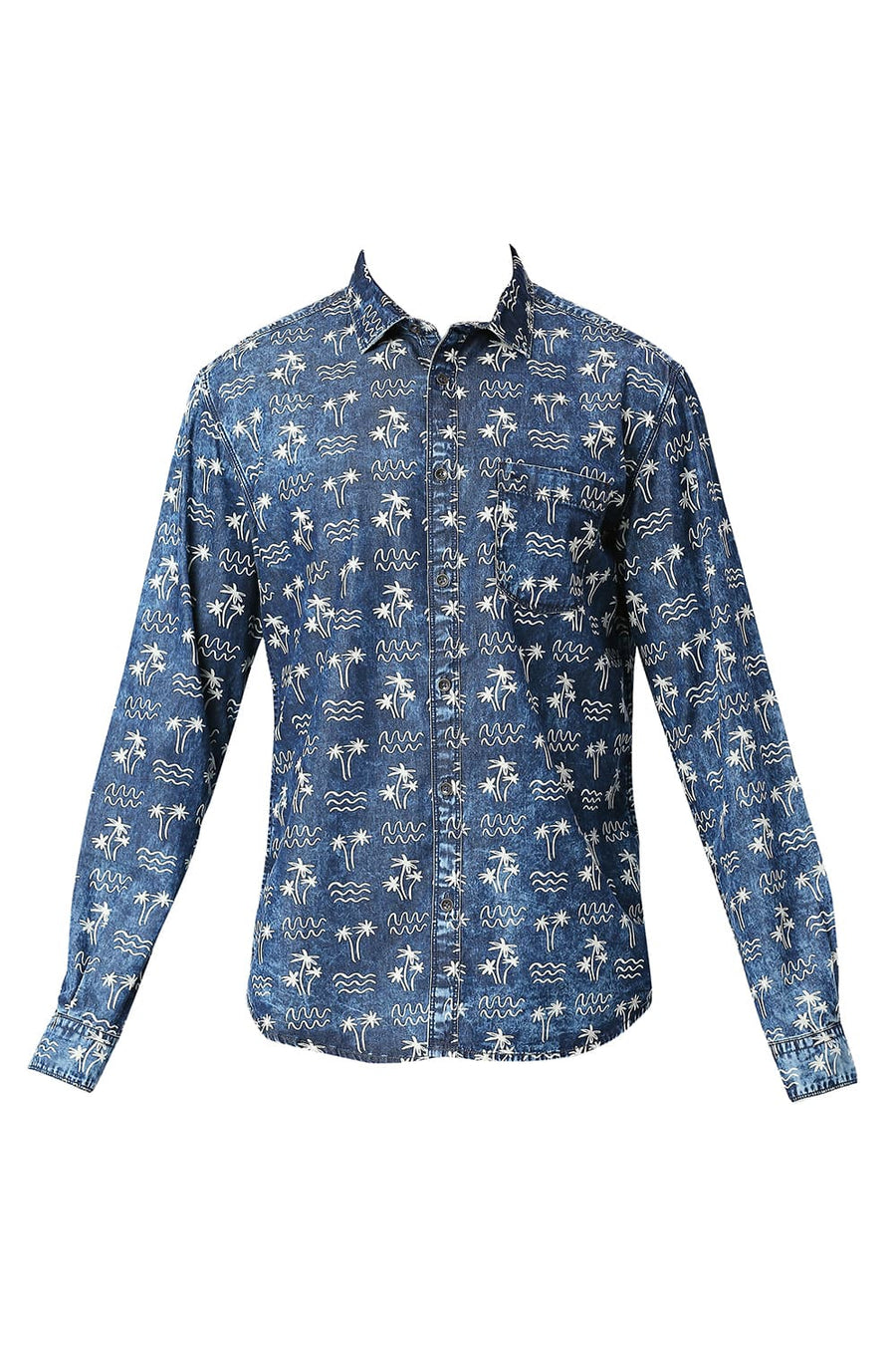 BASICS SLIM FIT SODALITE BLUE COTTON INDIGO PRINTED SHIRT