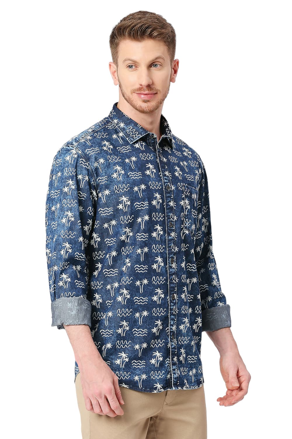 BASICS SLIM FIT COTTON INDIGO PRINTED SHIRT