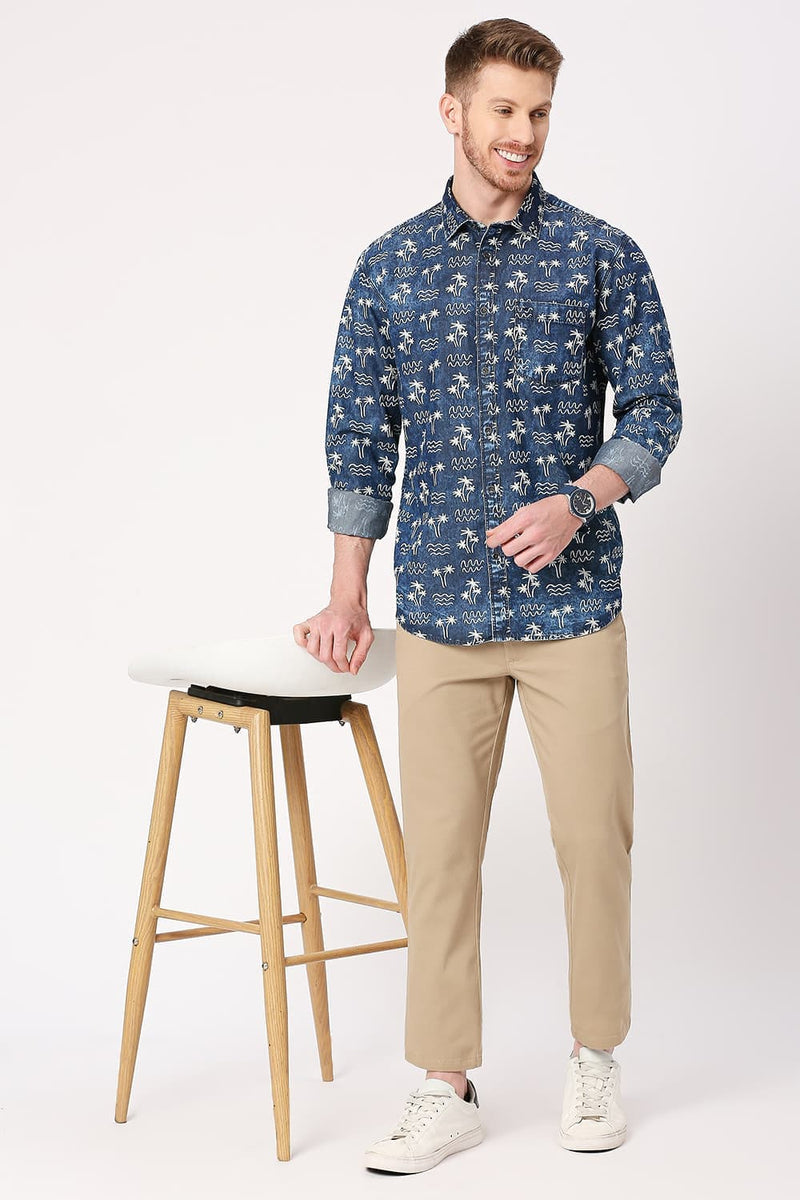 Slim Fit Cotton Indigo Printed Shirt