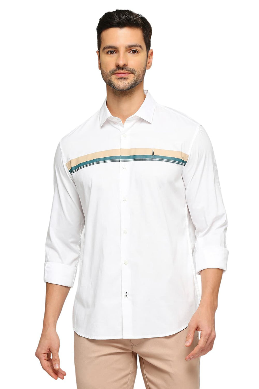 BASICS SLIM FIT CLOUD WHITE COTTON OXFORD STRIPES SHIRT