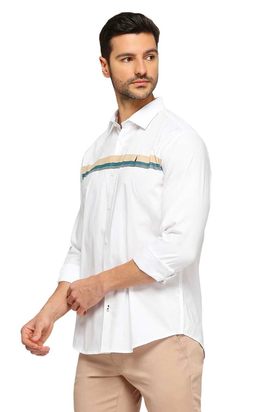 BASICS SLIM FIT CLOUD WHITE COTTON OXFORD STRIPES SHIRT