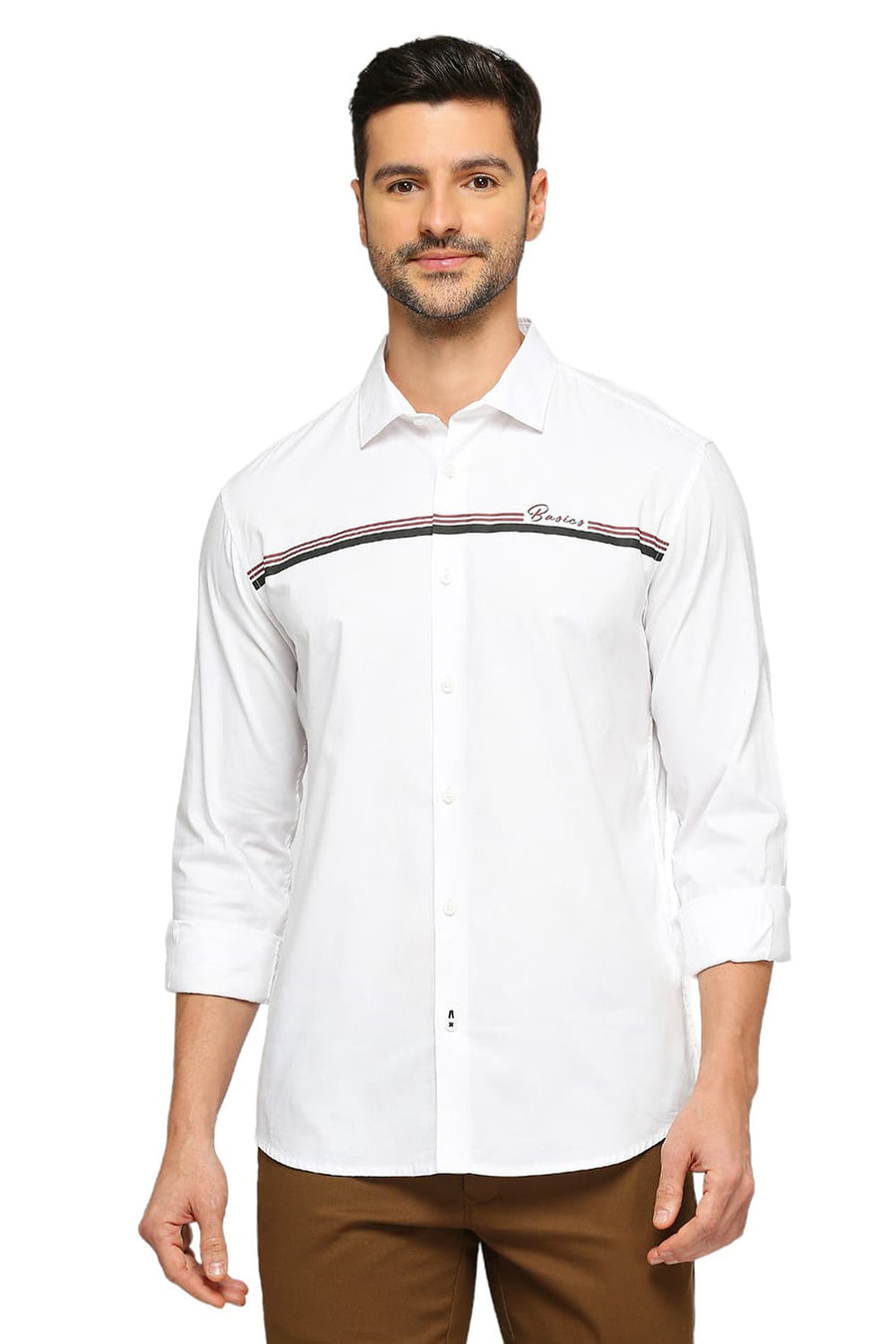 BASICS SLIM FIT CLOUD WHITE COTTON OXFORD STRIPES SHIRT