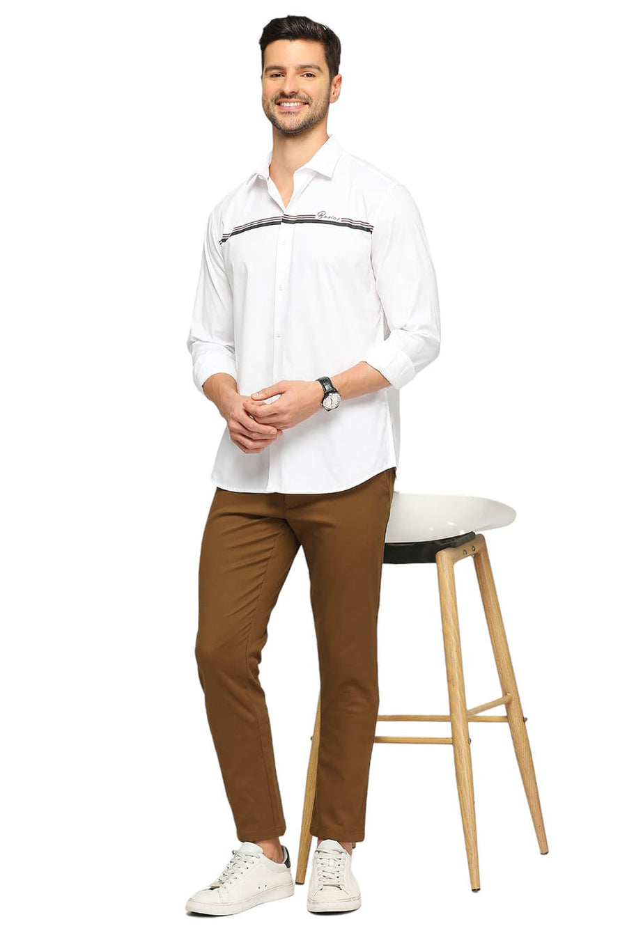 BASICS SLIM FIT CLOUD WHITE COTTON OXFORD STRIPES SHIRT