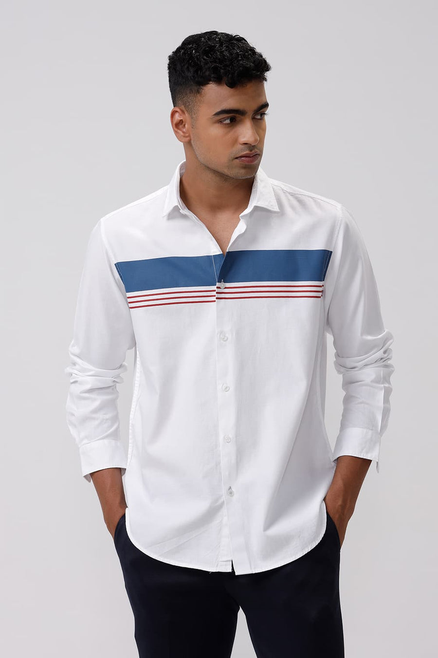 BASICS SLIM FIT MARSHMALLOW WHITE COTTON DOBBY STRIPE SHIRT
