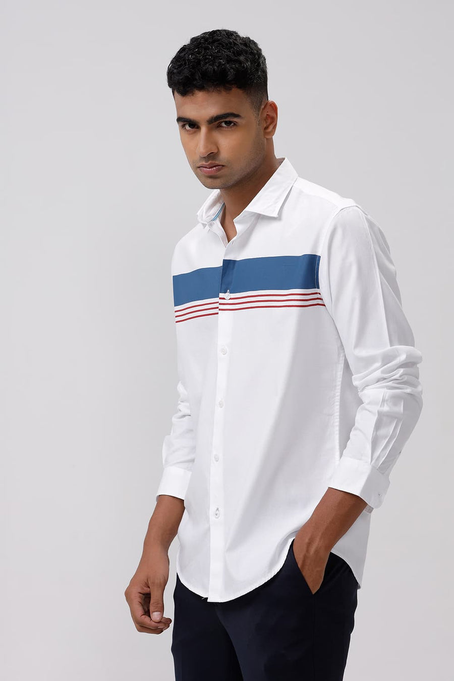 BASICS SLIM FIT MARSHMALLOW WHITE COTTON DOBBY STRIPE SHIRT