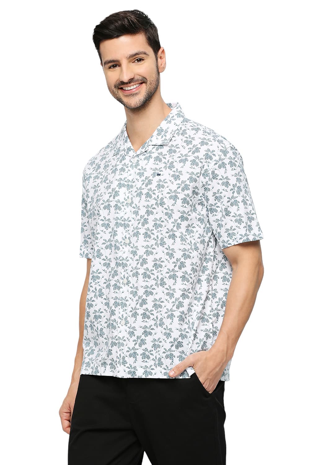 BASICS RELAXED FIT COTTON VISCOSE PRINTED HALFSLEEVES SHIRT