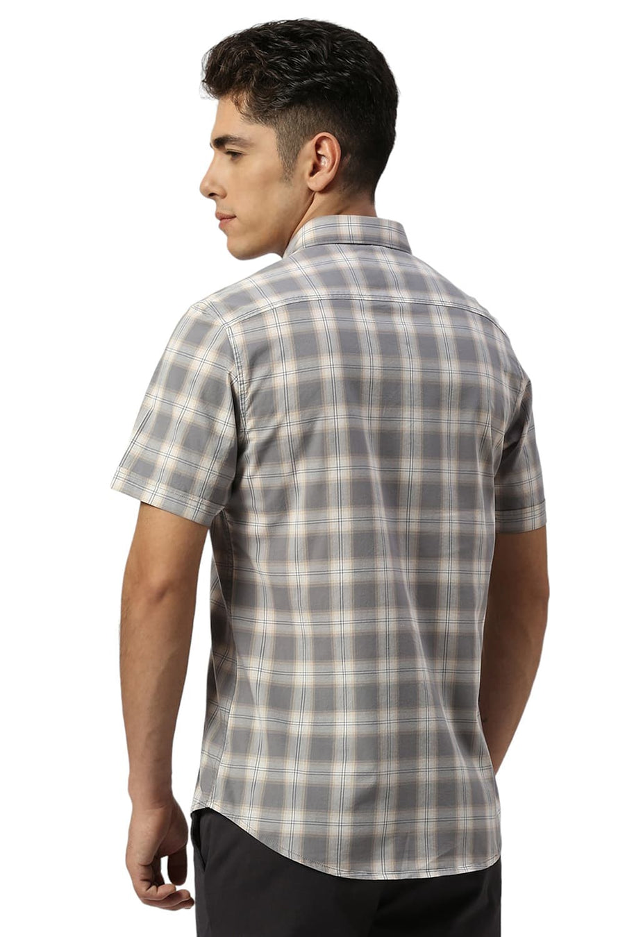 BASICS SLIM FIT GREY QUILL COTTON CHECKS HALFSLEEVES SHIRT