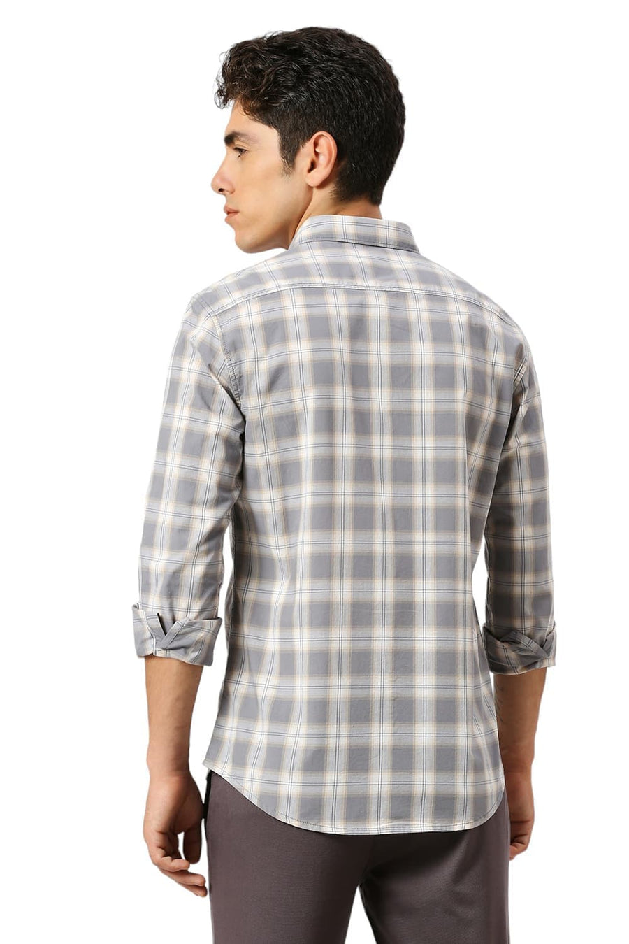 BASICS SLIM FIT GREY QUILL COTTON CHECKS SHIRT