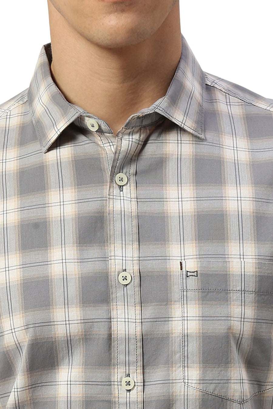 BASICS SLIM FIT GREY QUILL COTTON CHECKS HALFSLEEVES SHIRT