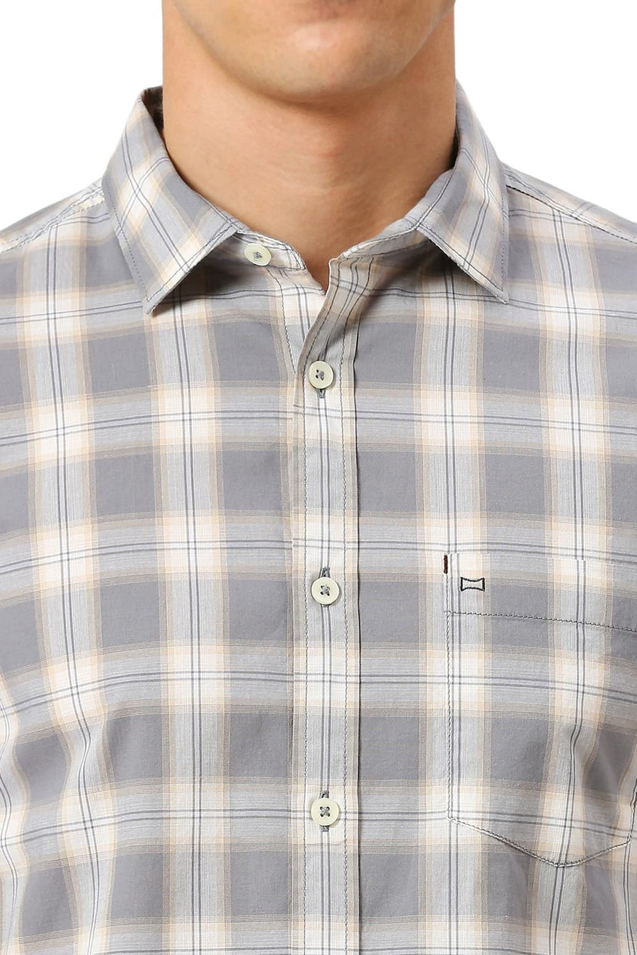 BASICS SLIM FIT GREY QUILL COTTON CHECKS SHIRT