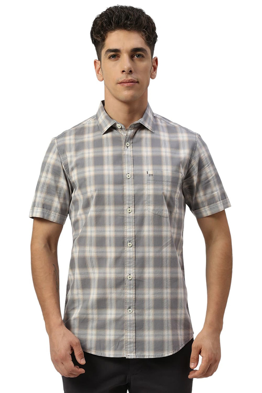BASICS SLIM FIT GREY QUILL COTTON CHECKS HALFSLEEVES SHIRT