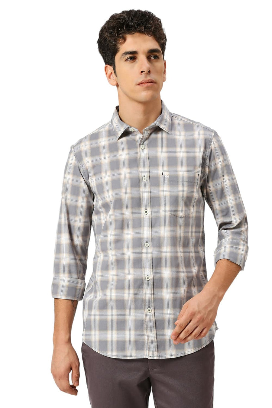 BASICS SLIM FIT GREY QUILL COTTON CHECKS SHIRT