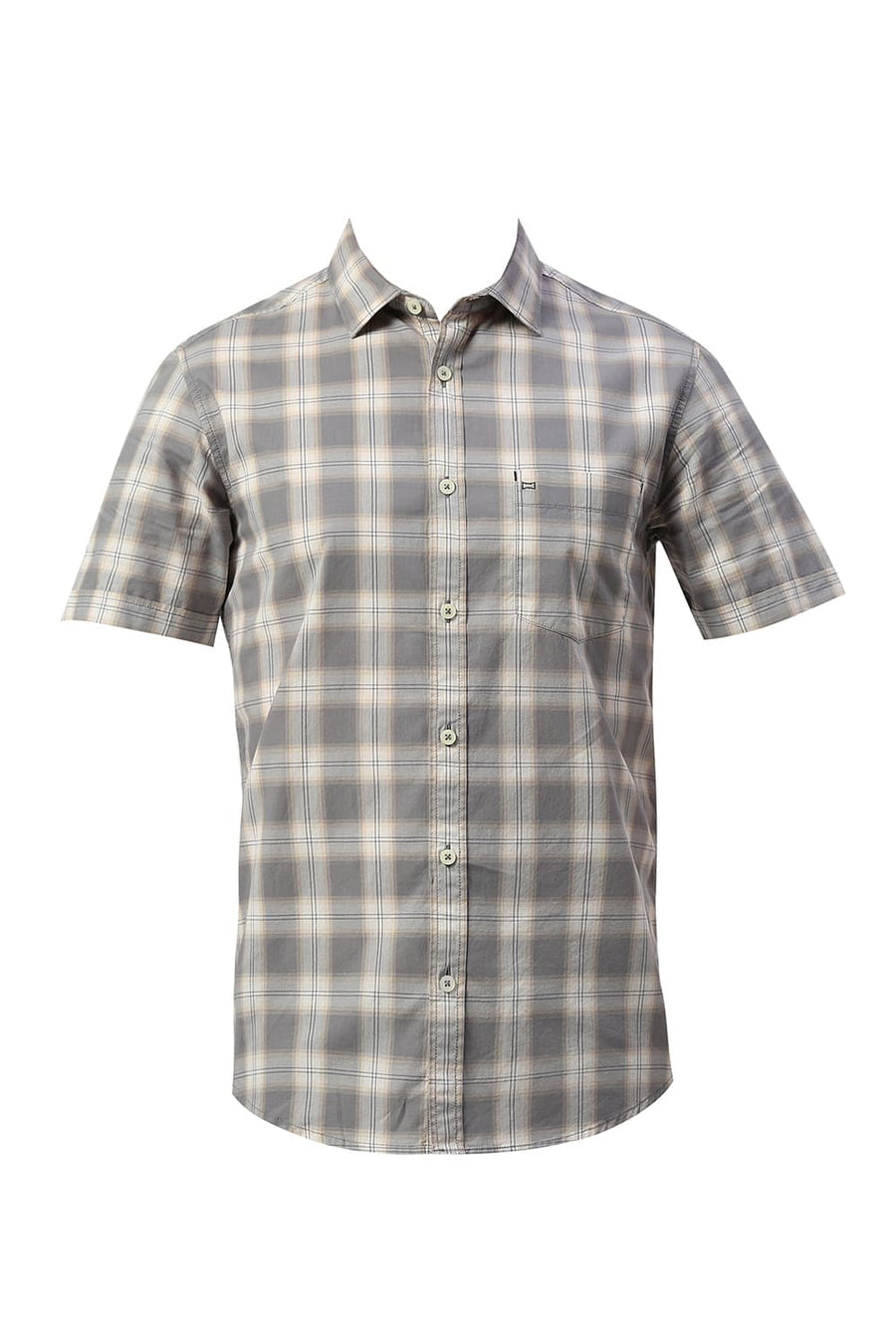 BASICS SLIM FIT GREY QUILL COTTON CHECKS HALFSLEEVES SHIRT