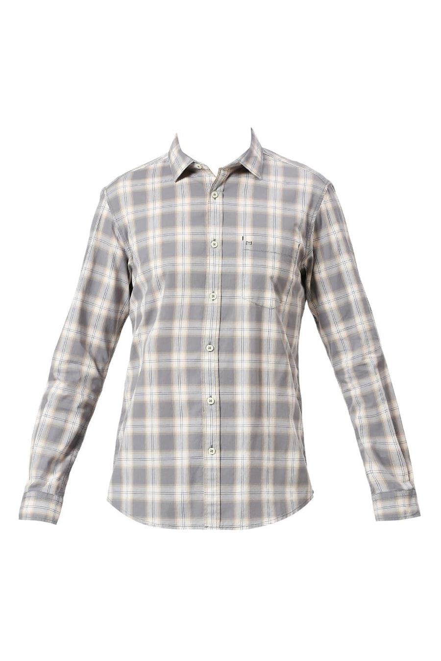 BASICS SLIM FIT GREY QUILL COTTON CHECKS SHIRT