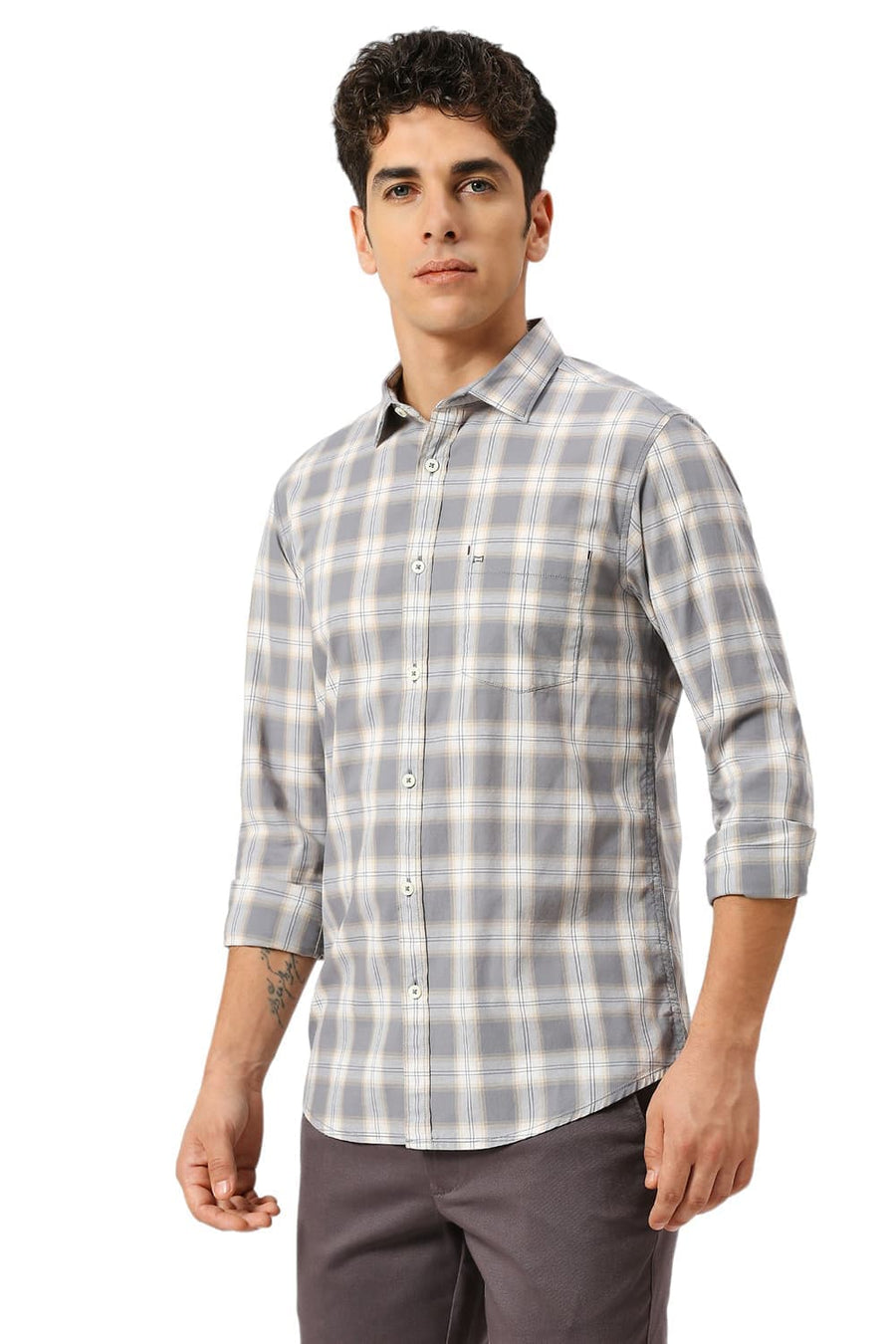 BASICS SLIM FIT GREY QUILL COTTON CHECKS SHIRT