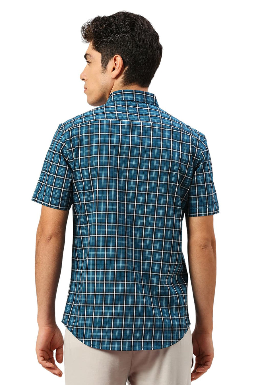 BASICS SLIM FIT ATLANTIC TEAL COTTON CHECKS HALFSLEEVES SHIRT