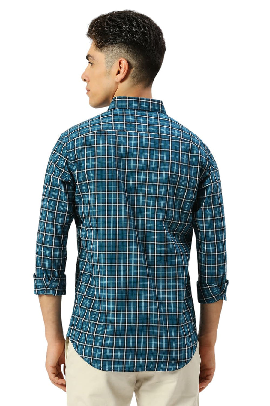 BASICS SLIM FIT ATLANTIC TEAL COTTON CHECKS SHIRT