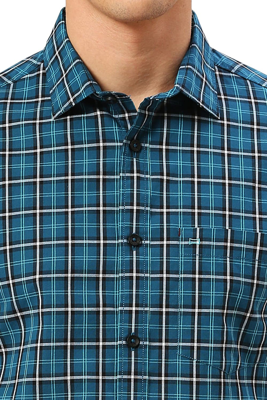 BASICS SLIM FIT ATLANTIC TEAL COTTON CHECKS HALFSLEEVES SHIRT