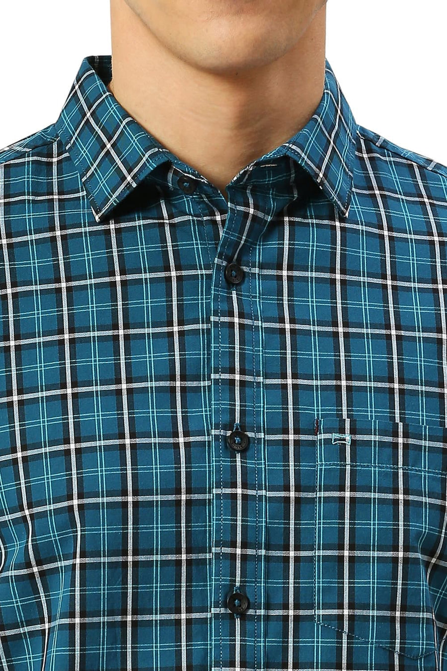 BASICS SLIM FIT ATLANTIC TEAL COTTON CHECKS SHIRT