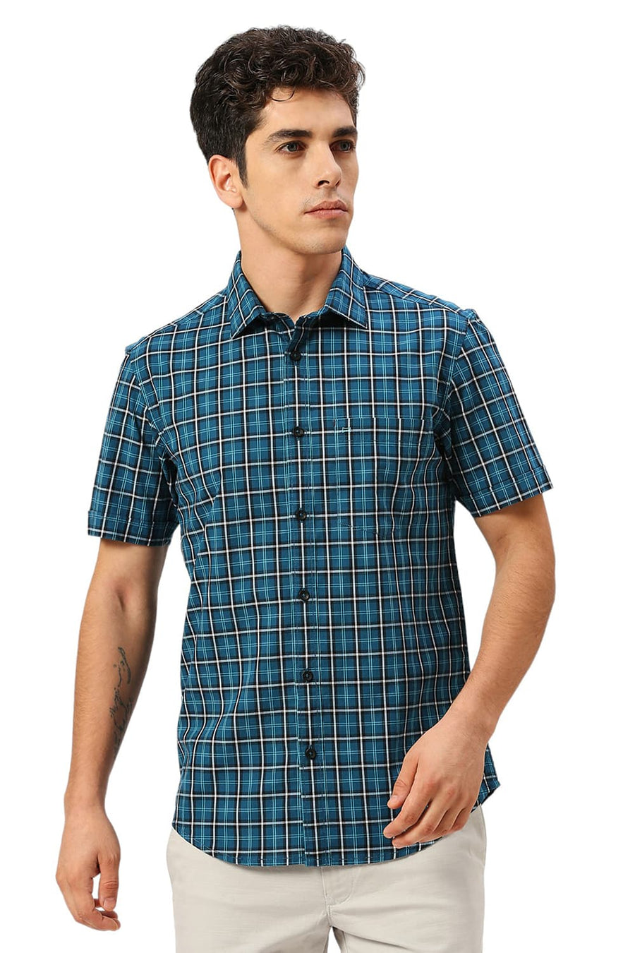 BASICS SLIM FIT ATLANTIC TEAL COTTON CHECKS HALFSLEEVES SHIRT
