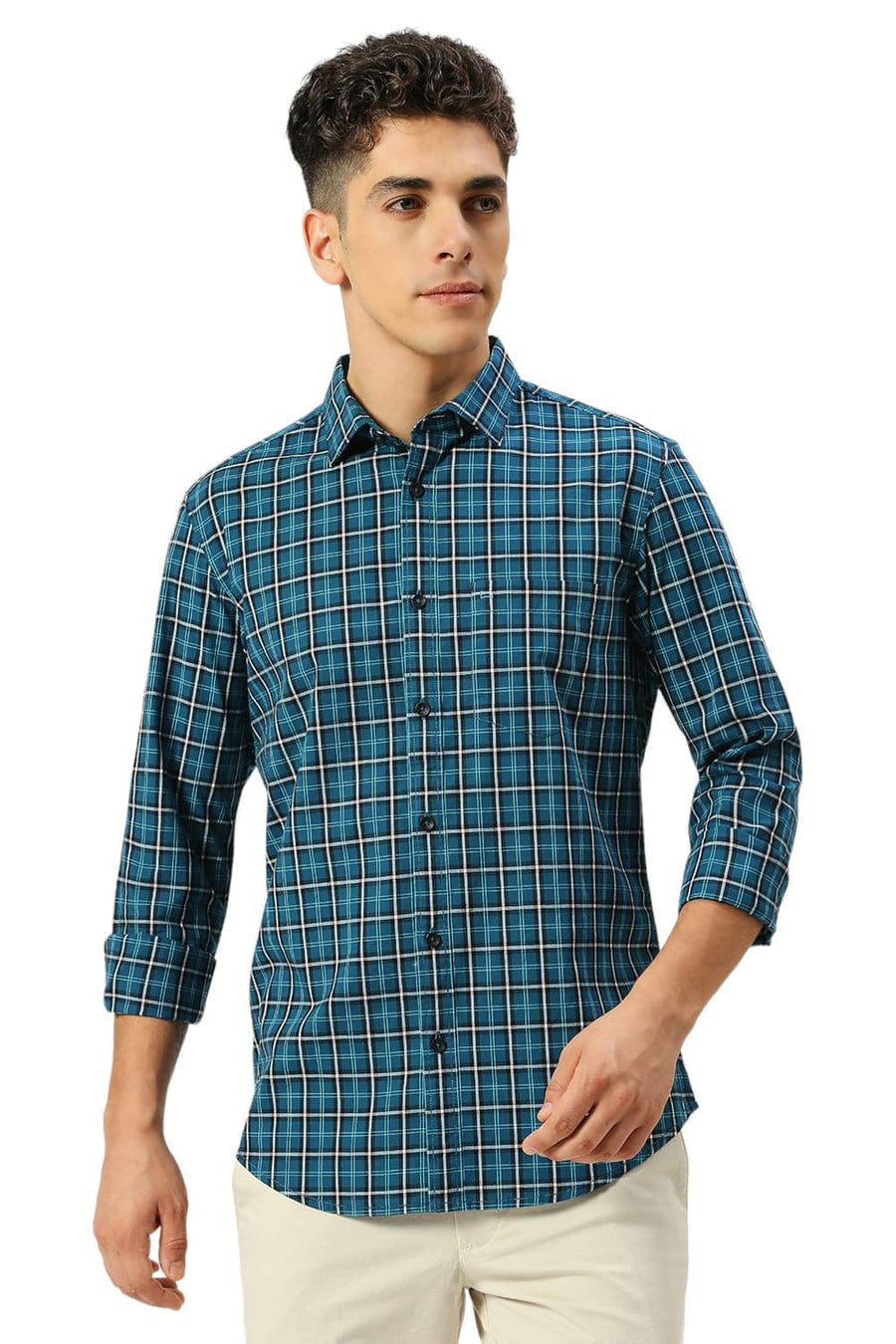 BASICS SLIM FIT ATLANTIC TEAL COTTON CHECKS SHIRT