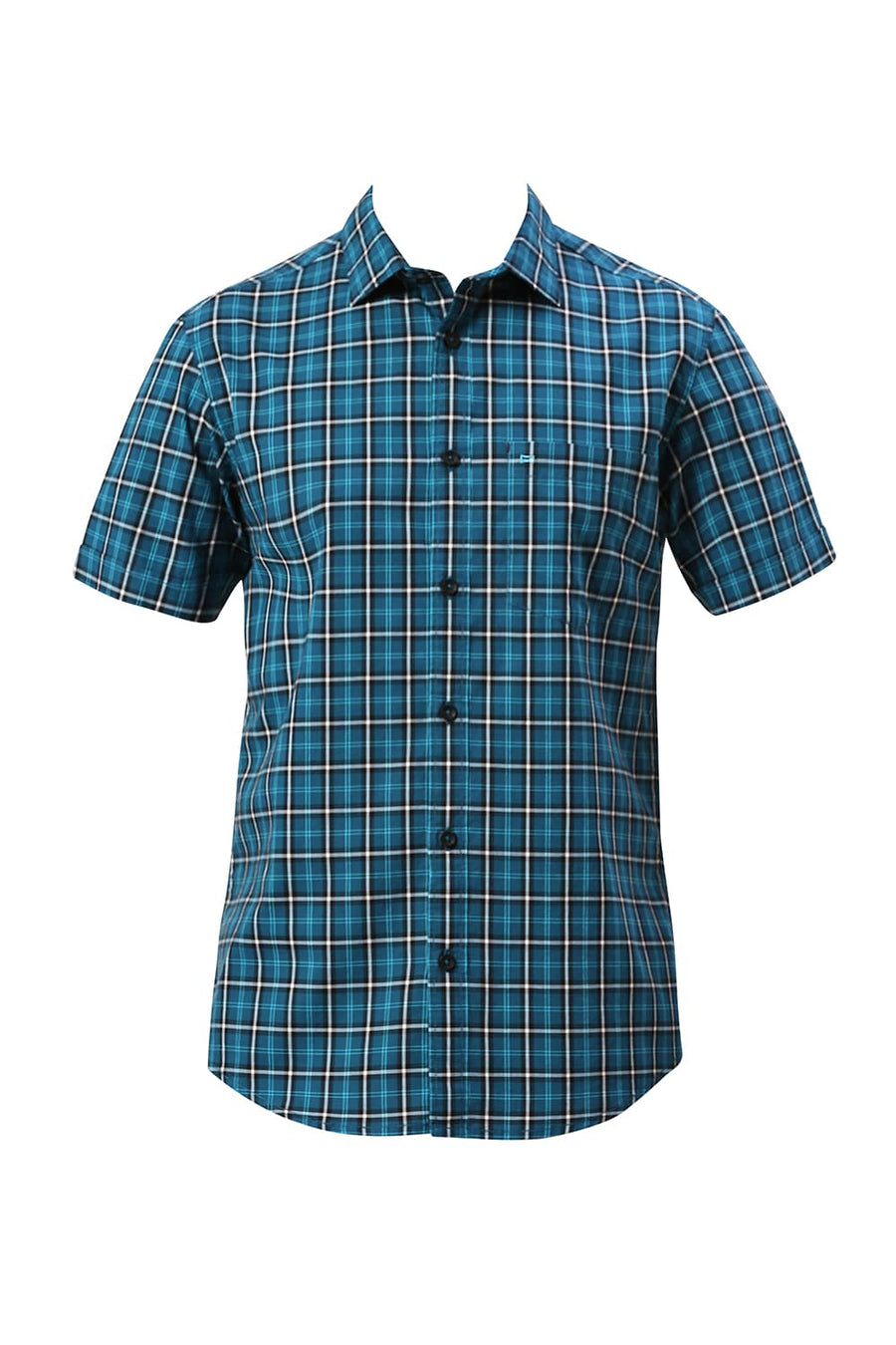 BASICS SLIM FIT ATLANTIC TEAL COTTON CHECKS HALFSLEEVES SHIRT