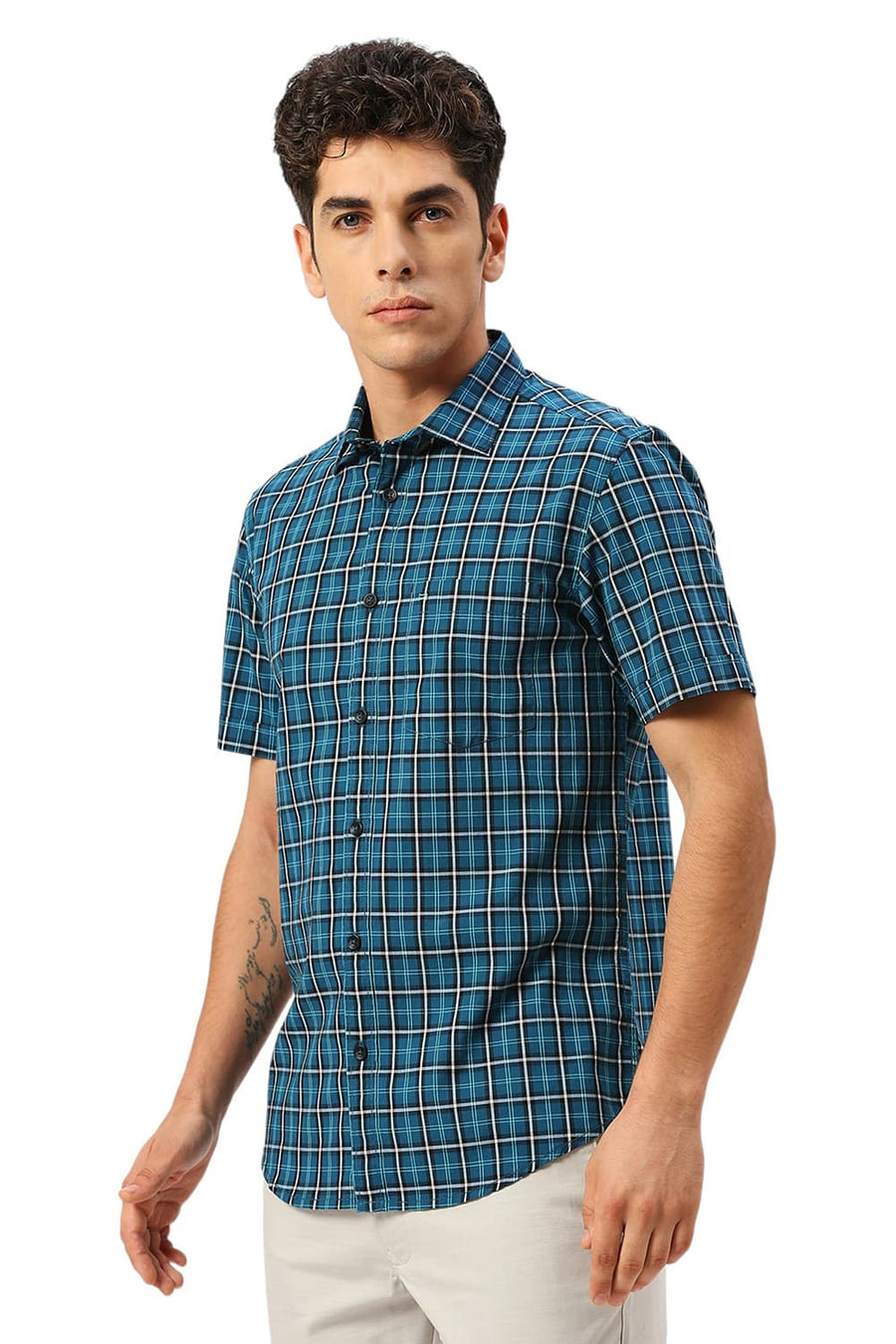 BASICS SLIM FIT ATLANTIC TEAL COTTON CHECKS HALFSLEEVES SHIRT
