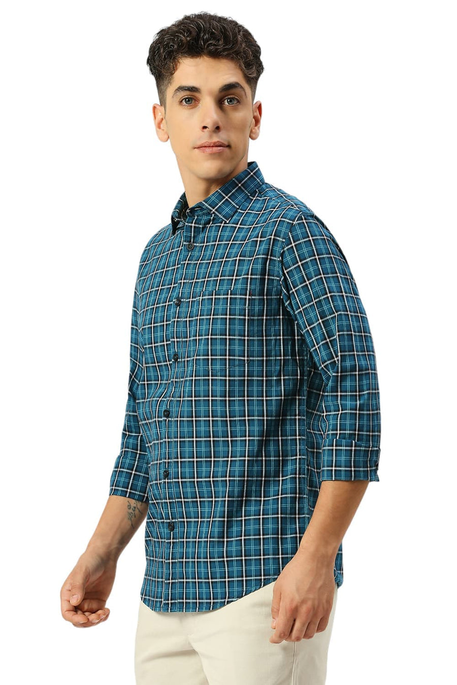 BASICS SLIM FIT ATLANTIC TEAL COTTON CHECKS SHIRT