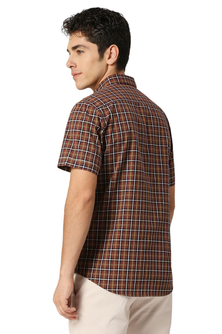 BASICS SLIM FIT CINNMON BROWN COTTON CHECKS HALFSLEEVES SHIRT