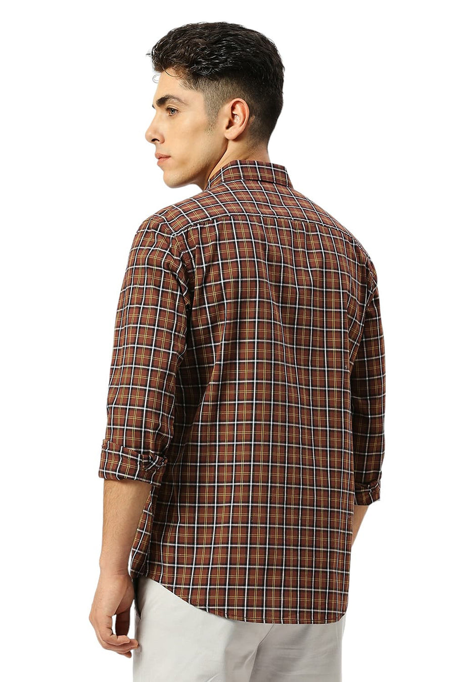 BASICS SLIM FIT CINNMON BROWN COTTON CHECKS SHIRT