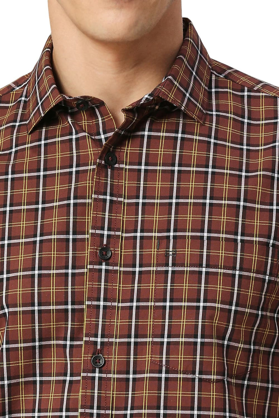 BASICS SLIM FIT CINNMON BROWN COTTON CHECKS HALFSLEEVES SHIRT