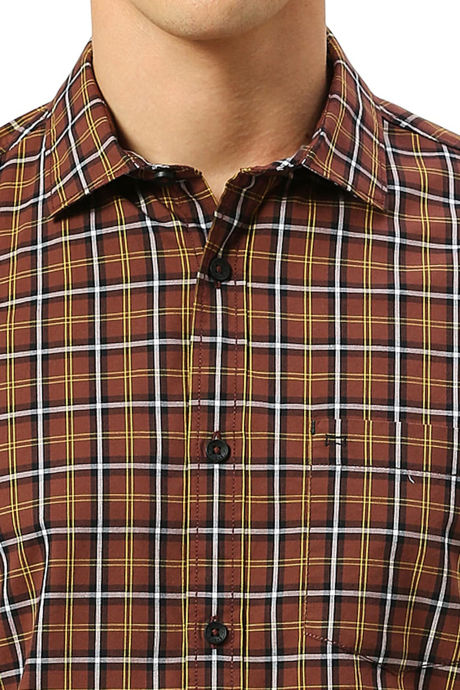 BASICS SLIM FIT CINNMON BROWN COTTON CHECKS SHIRT