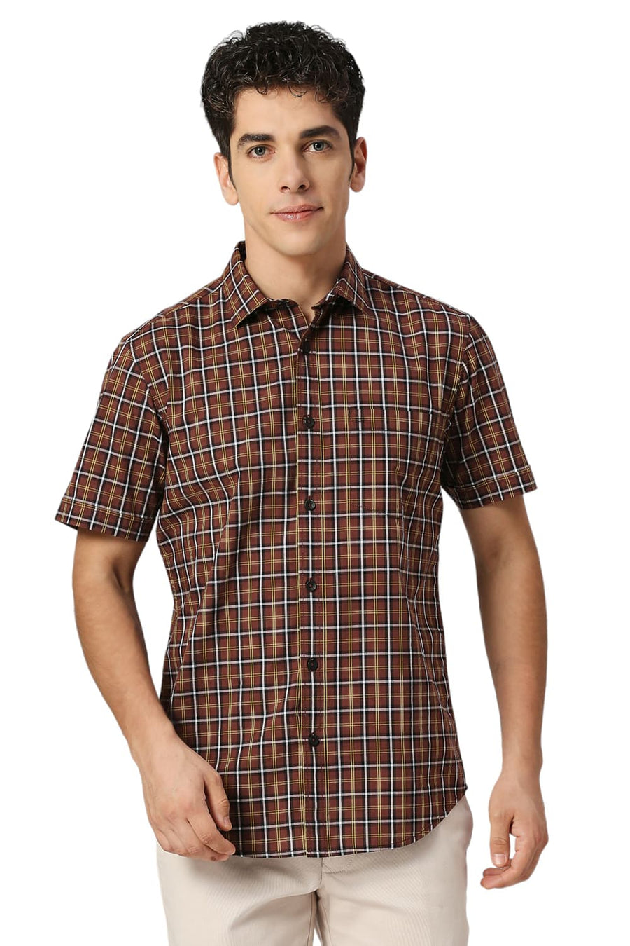 BASICS SLIM FIT CINNMON BROWN COTTON CHECKS HALFSLEEVES SHIRT