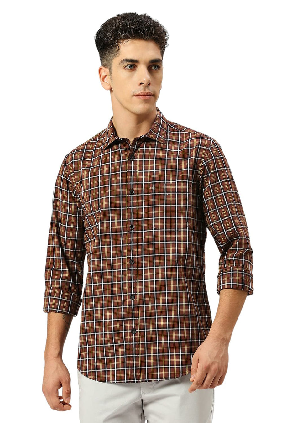 BASICS SLIM FIT CINNMON BROWN COTTON CHECKS SHIRT