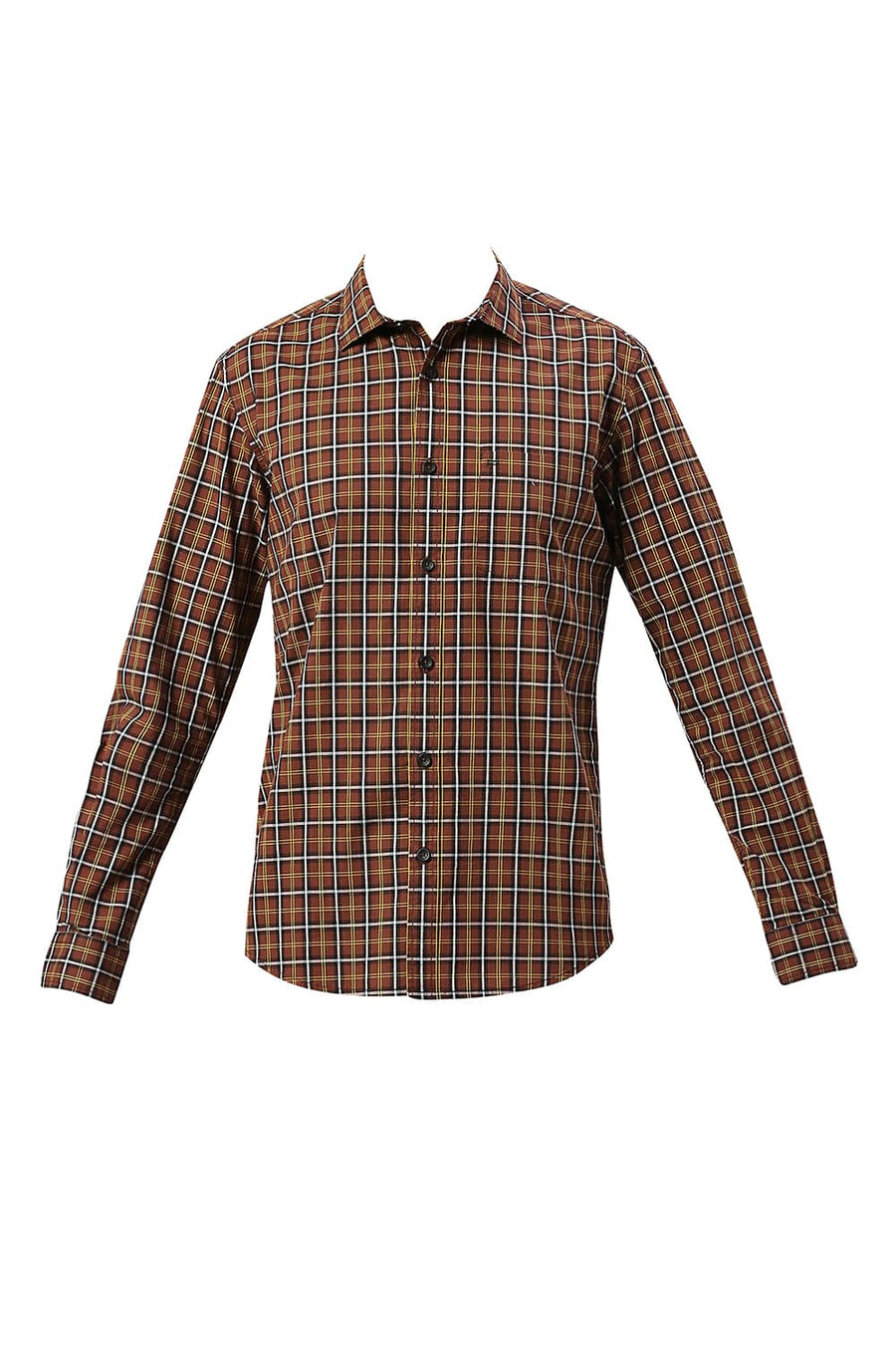 BASICS SLIM FIT CINNMON BROWN COTTON CHECKS SHIRT