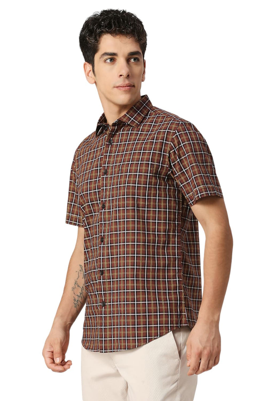 BASICS SLIM FIT CINNMON BROWN COTTON CHECKS HALFSLEEVES SHIRT