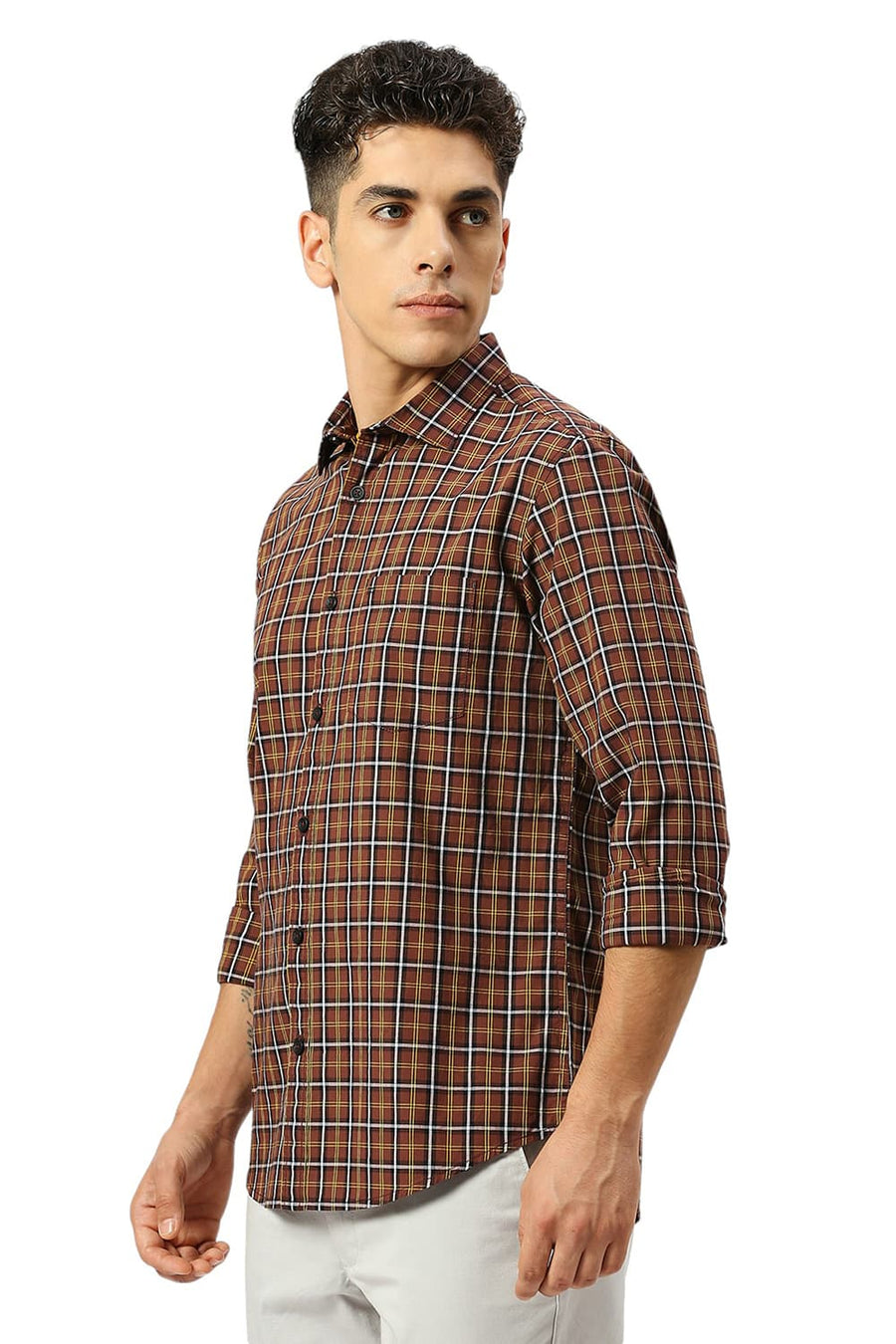 BASICS SLIM FIT CINNMON BROWN COTTON CHECKS SHIRT