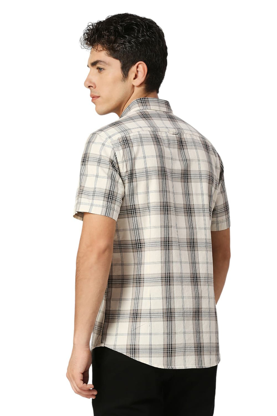 BASICS SLIM FIT ANGORA RABBIT COTTON HERRINGBONE TWILL CHECKS HALFSLEEVES SHIRT
