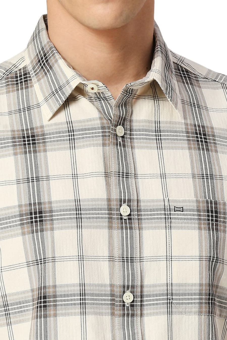 BASICS SLIM FIT ANGORA RABBIT COTTON HERRINGBONE TWILL CHECKS HALFSLEEVES SHIRT