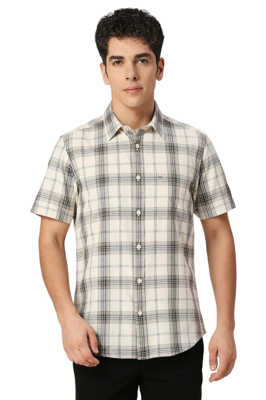 BASICS SLIM FIT ANGORA RABBIT COTTON HERRINGBONE TWILL CHECKS HALFSLEEVES SHIRT