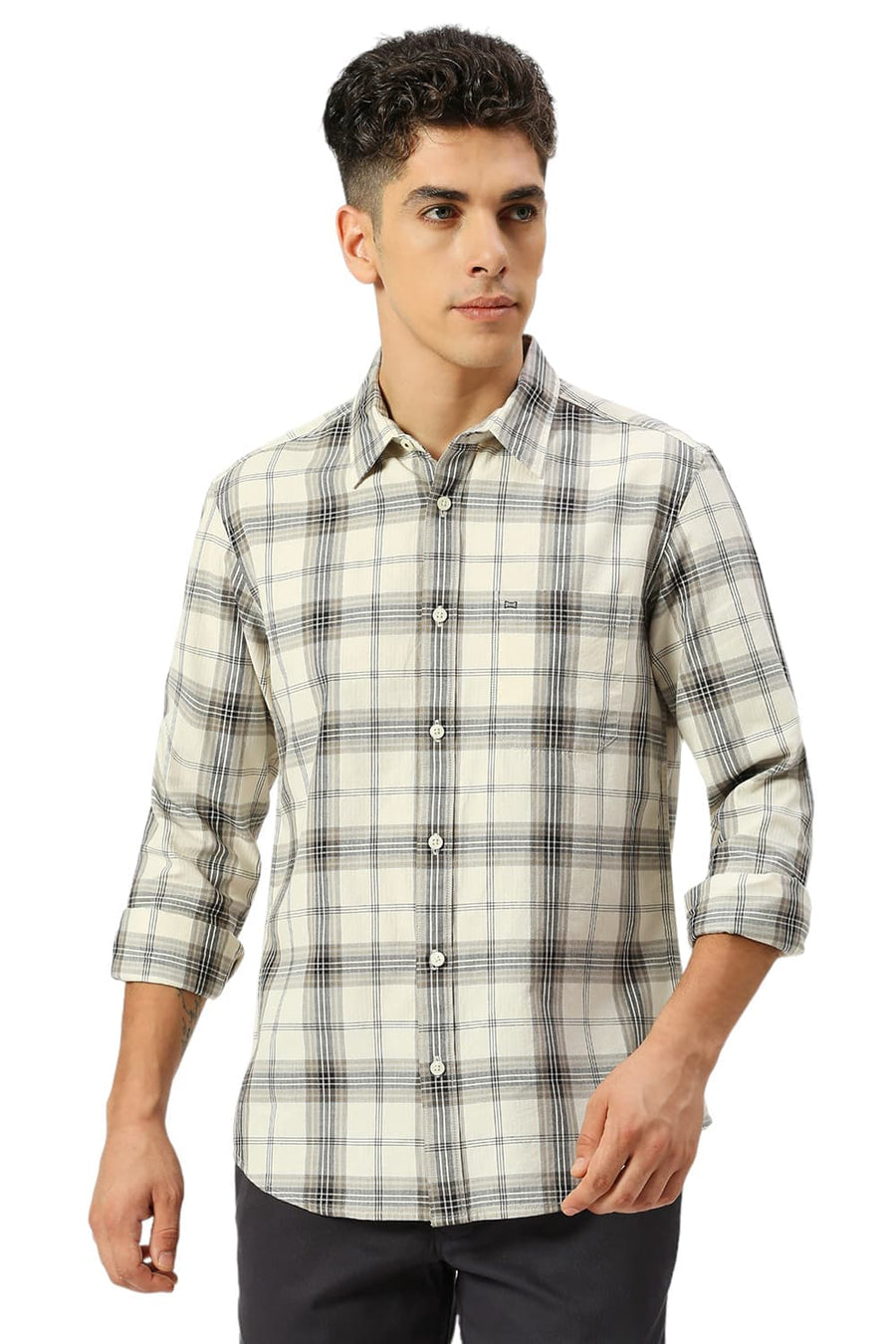 BASICS SLIM FIT ANGORA RABBIT COTTON HERRINGBONE TWILL CHECKS SHIRT