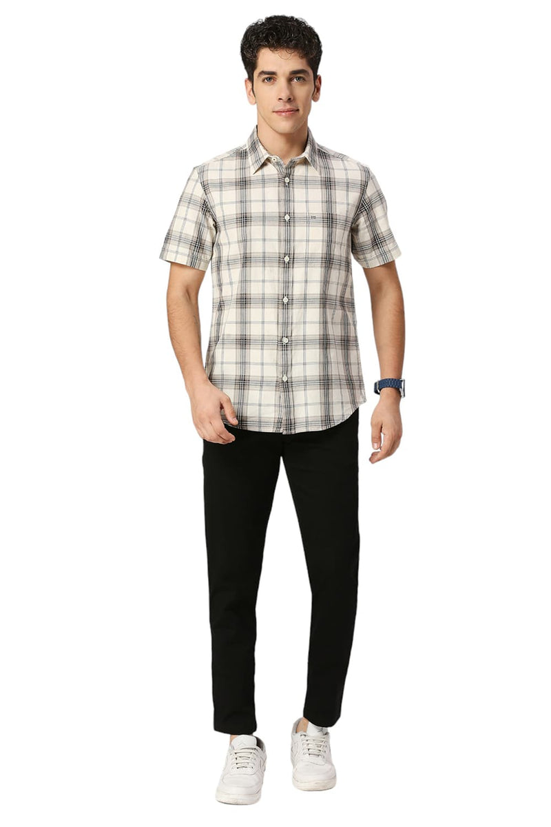 SLIM FIT COTTON HERRINGBONE TWILL CHECKS HALFSLEEVES SHIRT