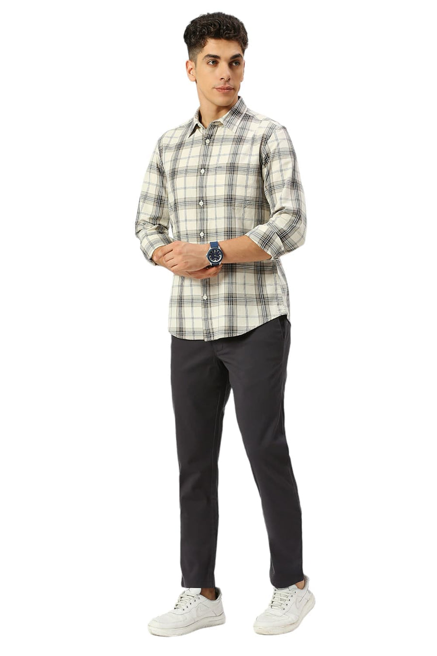 BASICS SLIM FIT ANGORA RABBIT COTTON HERRINGBONE TWILL CHECKS SHIRT