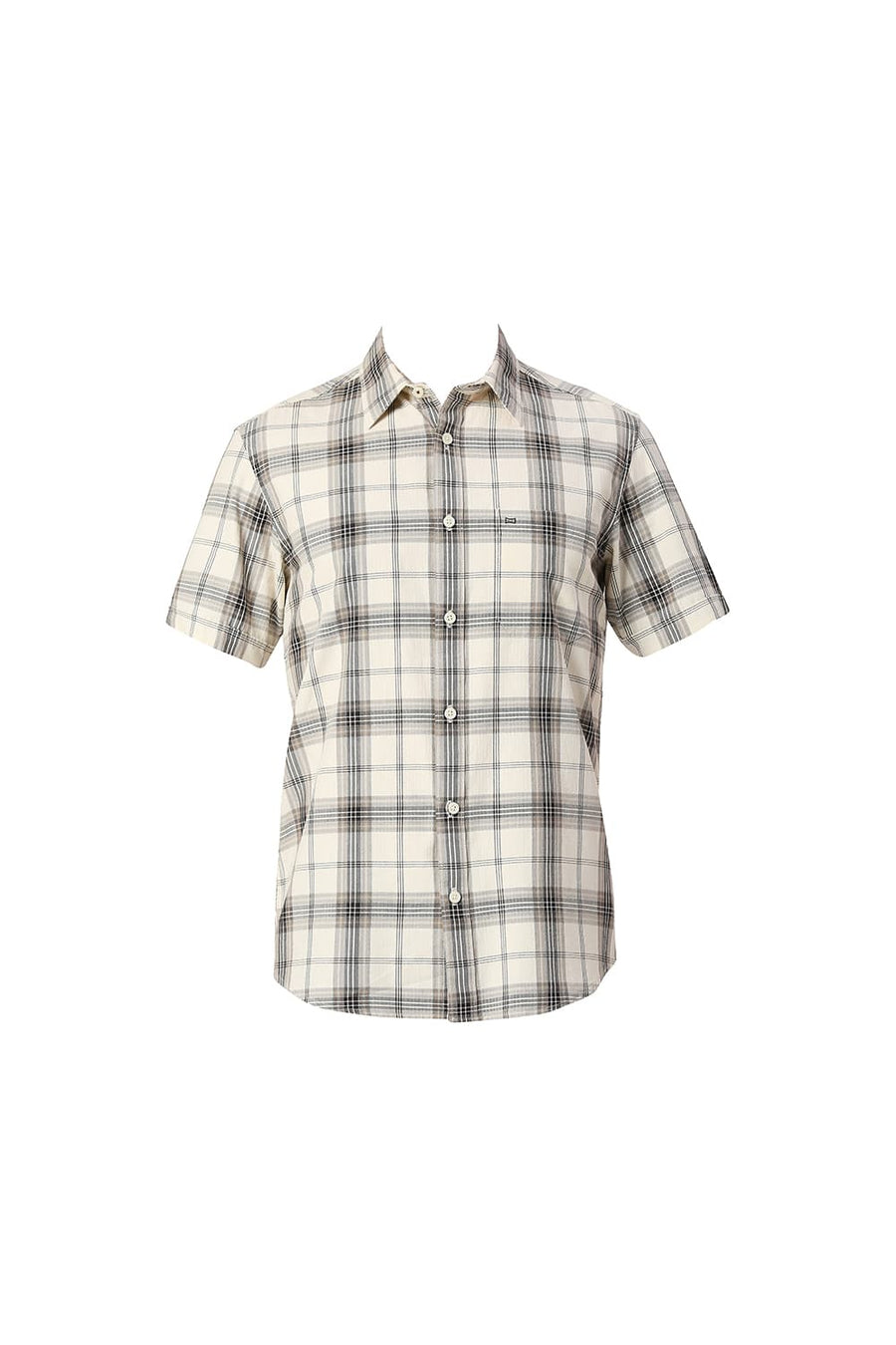 BASICS SLIM FIT ANGORA RABBIT COTTON HERRINGBONE TWILL CHECKS HALFSLEEVES SHIRT