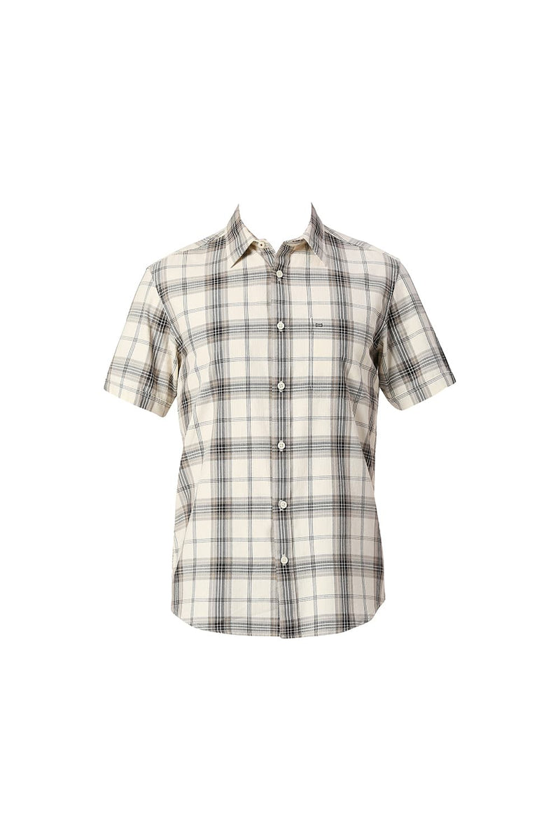 SLIM FIT COTTON HERRINGBONE TWILL CHECKS HALFSLEEVES SHIRT