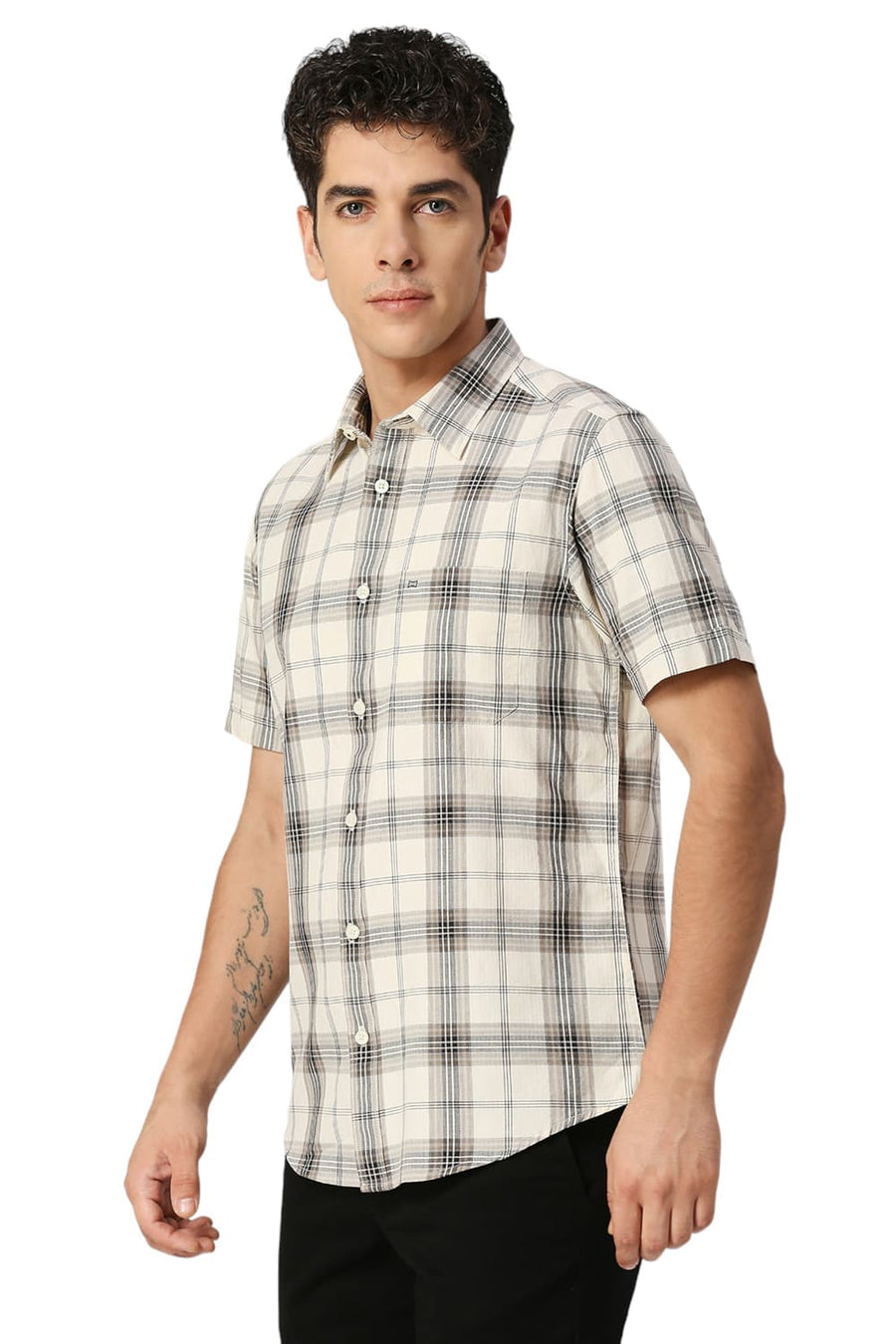 BASICS SLIM FIT ANGORA RABBIT COTTON HERRINGBONE TWILL CHECKS HALFSLEEVES SHIRT