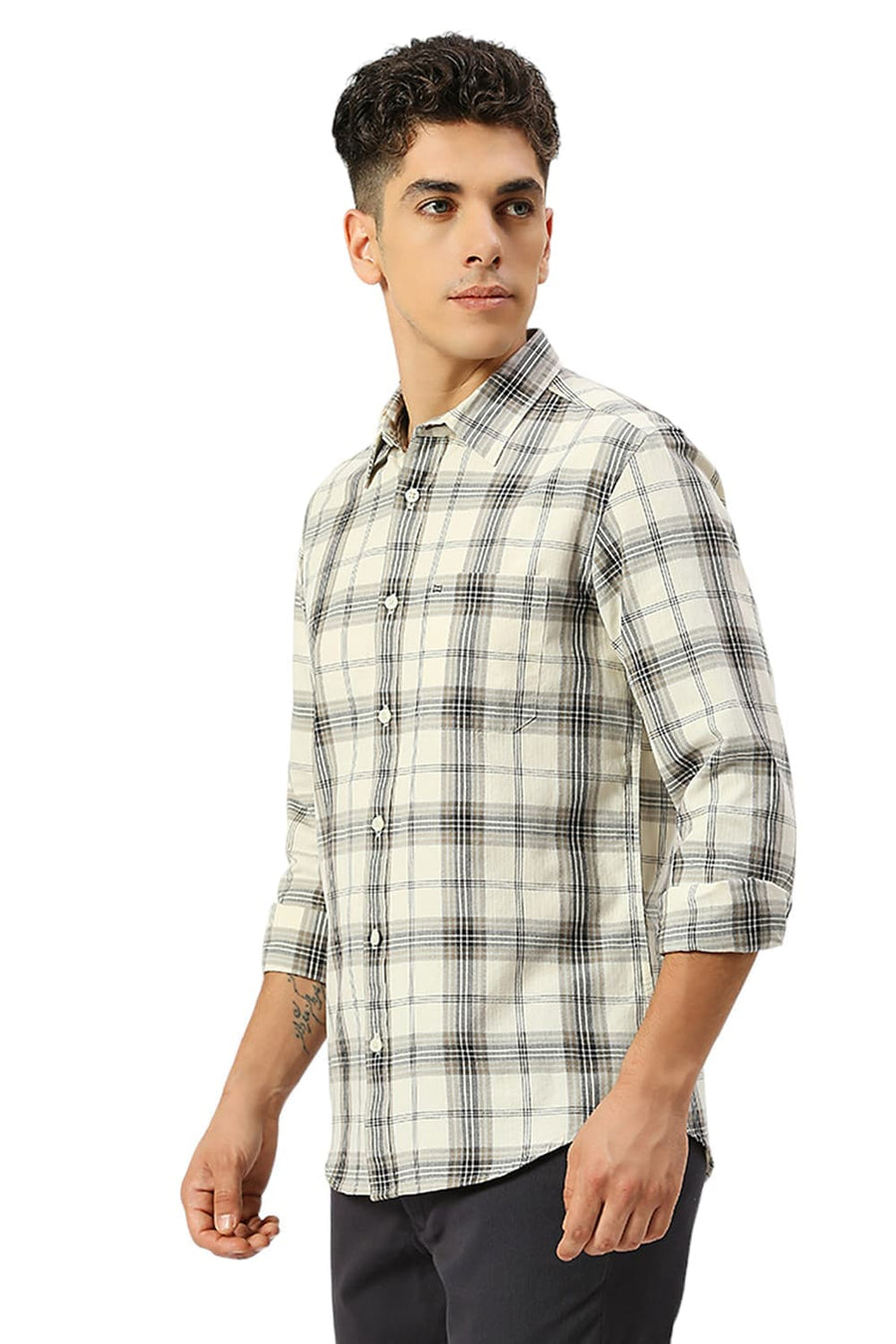 BASICS SLIM FIT ANGORA RABBIT COTTON HERRINGBONE TWILL CHECKS SHIRT