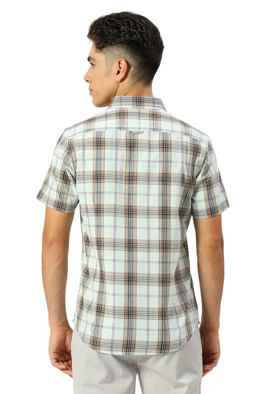 BASICS SLIM FIT SPROUT GREEN COTTON HERRINGBONE TWILL CHECKS HALFSLEEVES SHIRT