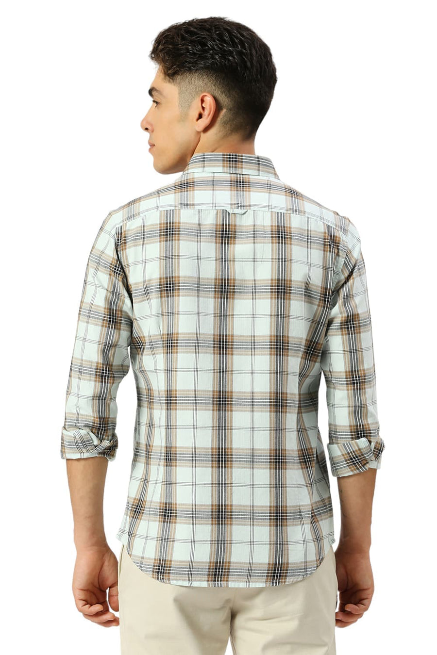 BASICS SLIM FIT SPROUT GREEN COTTON HERRINGBONE TWILL CHECKS SHIRT