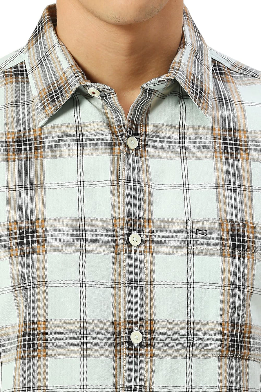 BASICS SLIM FIT SPROUT GREEN COTTON HERRINGBONE TWILL CHECKS HALFSLEEVES SHIRT